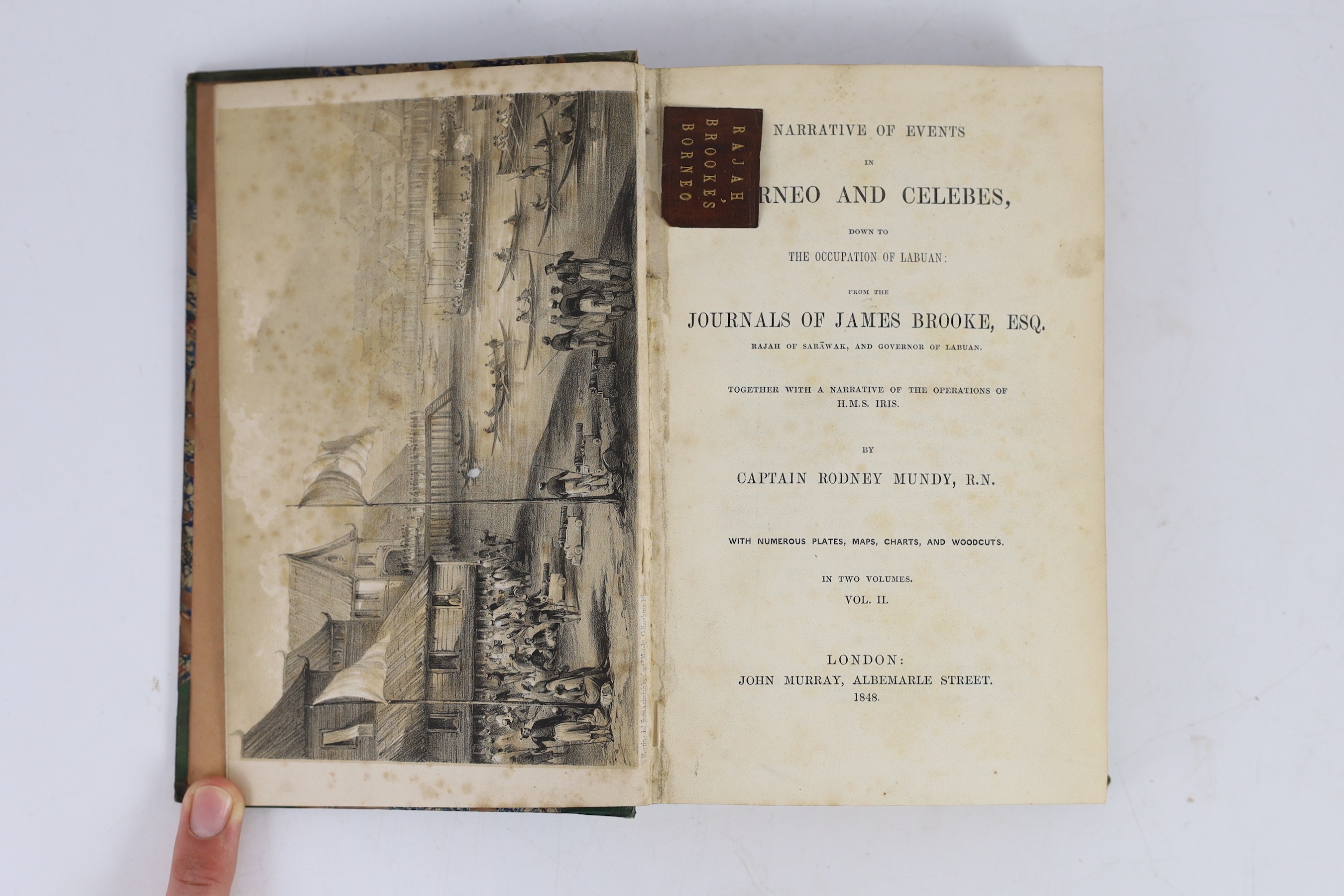 Mundy, Rodney, Capt - Narrative of Events in Borneo and Celebes, down to the Occupation of Labuan, 1st edition, 2 vols, 8vo, original half calf, with engraved portrait, 5 folding maps and charts, 6 lithograph plates and